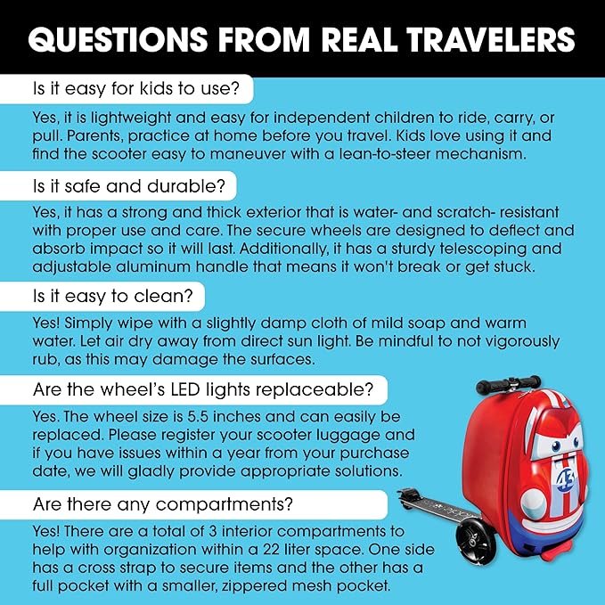 Kiddietotes 3-D Hardside Scooter Ride On Suitcase for Kids - Cute Lightweight Kids Luggage with Wheels - Fun LED Lights