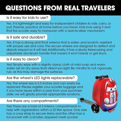 Kiddietotes 3-D Hardside Scooter Ride On Suitcase for Kids - Cute Lightweight Kids Luggage with Wheels - Fun LED Lights