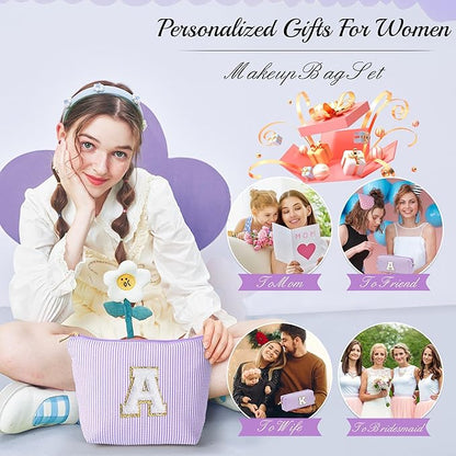 YOOLIFE Personalized Monogram Makeup Bag Birthday Gifts for Kids Girls Cosmetic Bag Travel Toiletry Bag | Christmas Gifts for Teenage Girls Stocking Stuffers for Teen Girl Daughter Gifts Purple A