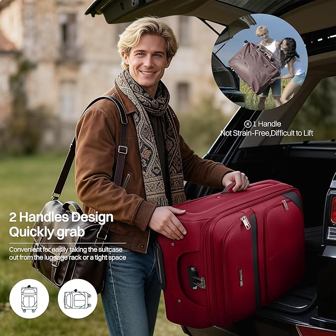 28" Large Softside Expandable 15% Checked Luggage with Double Spinner Wheels LOCK,Lightweight Travel Suitcase for Men/Women（Burgundy-Grey,28in）