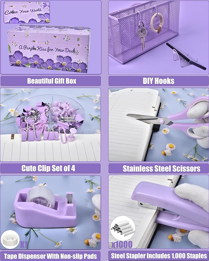 Purple Desk Organizers and Accessories With Mesh Desk Organizer and 360°Rotating Pen Holder and a Lot of Office Purple Office Supplies Beautifully Presented in a Gift Box Christmas Gifts