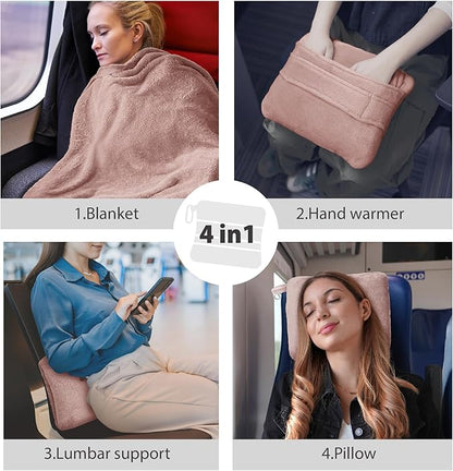 DEZ FURNISHINGS 4-in-1 Travel Compact Blanket Pillow Super Soft Velvet with Luggage Sleeve and Backpack Clip, Dusty Pink, 60" W x 45" H