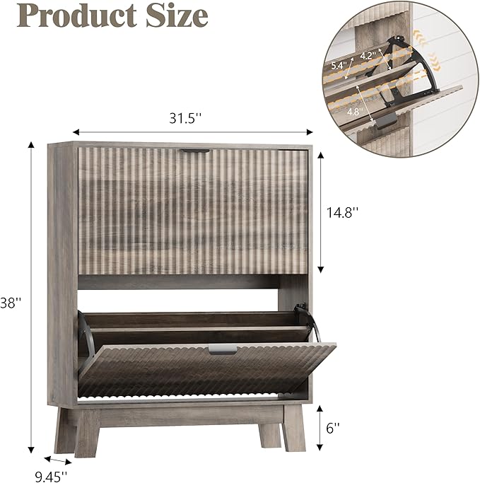 Shoe Cabinet Storage for Entryway with 2 Flip Drawers, Fluted Narrow Shoe Organizer with Wooden Legs, Freestanding Slim Shoe Storage Hidden Shoe Rack Organizer for Front Door Entrance, Grey