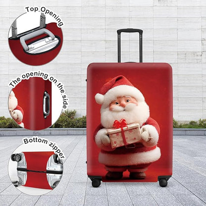 Doll Style Christmas Luggage Cover - 3D Santa Holding Present on Red Background, Unique Suitcase Protector for 18 20 22 Inch Bag