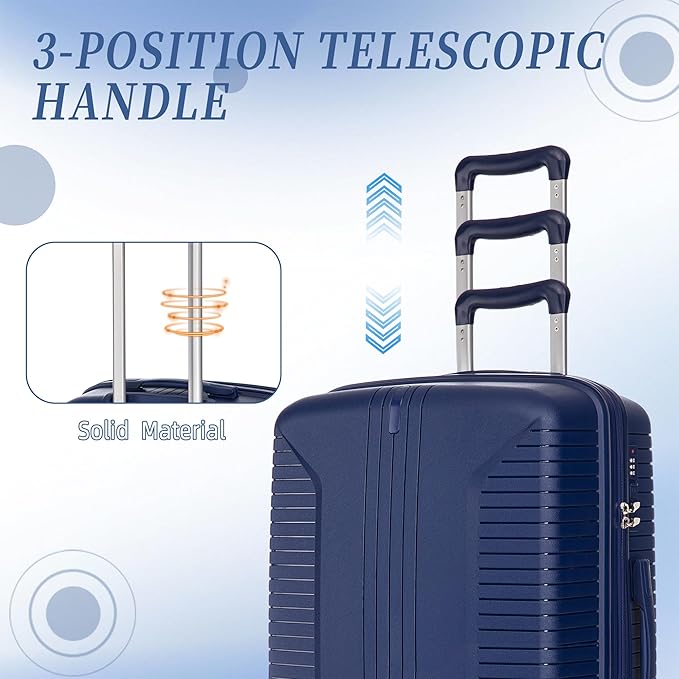 Campfun 3 Piece Luggage Sets, PP Suitcase Set with Double Spinner Wheels Hang Hook, Durable Carry On Luggage with Combination Lock, 20/24/28 inch, Blue