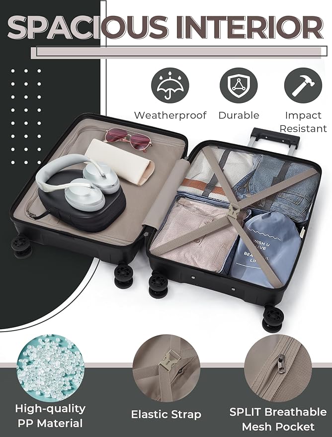 Luggage Sets 5 Piece,Lightweight,Impact-Resistant,Wear-Resistant Suitcases with Wheels, Hardshell Suitcase Set with Spinner Wheels, PP Carry on Luggage Set with TSA Lock, Travel Luggage