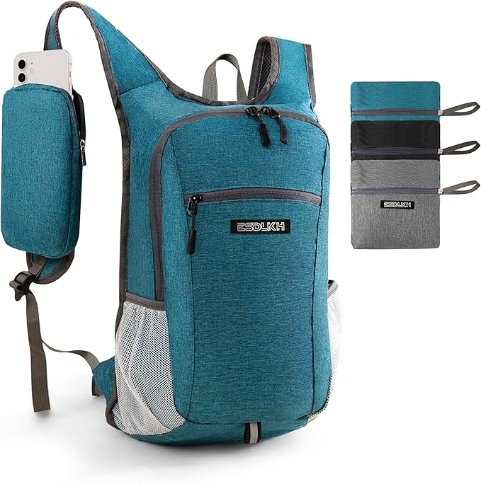 Small Hiking Backpack with Detachable Front Phone Holder, Foldable Packable Back pack with Chest and Waist Strap, Lightweight Daypack for Women Men (Blue, 15L)