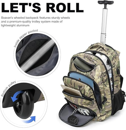 Boavan Rolling Backpack,17 inch Water Resistant Wheeled Backpack,Carry on Luggage Business Bag, Overnight College Computer Bag Trolley Suitcase for Men Women Adults to Travel