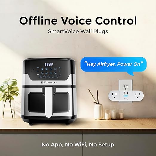 Emerson SmartVoice 4-in-1 Wall Plug, Offline 30+ Voice Control Commands, No APP, No WiFi, No Setup, Smart Outlet w/ 2 AC Outlets, USB-A & USB-C Ports, Sleep & Wake Timer, ETL