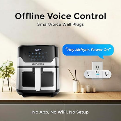 Emerson SmartVoice 4-in-1 Wall Plug, Offline 30+ Voice Control Commands, No APP, No WiFi, No Setup, Smart Outlet w/ 2 AC Outlets, USB-A & USB-C Ports, Sleep & Wake Timer, ETL