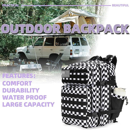 25L Tactical Military Backpack Small Travel Rucksack for Men and Women Assault Pack Bug Out Bag Molle Daypack Gym Backpack with Bottle Holder (Black White Checkered)
