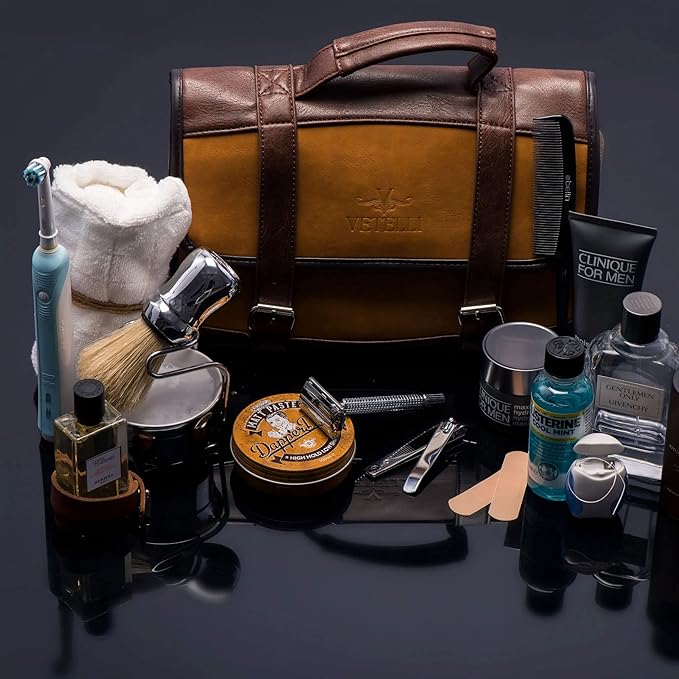 Vetelli Leather Toiletry Bag for Men - Water Resistant, 2 Zippered Internal Pockets, 2 Snap-Fastened Internal Pockets, and Hanging Hook.