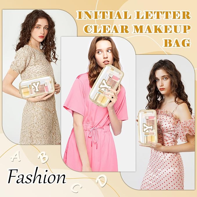 Personalized Initial Letter Clear Makeup Bag,Preppy Small Nylon&PVC Cosmetic Zipper Bag with Chenille Letter,Portable Beach Travel Skincare Toiletry Bag,Trendy Monogram Gift for Teen Girls Women,Y