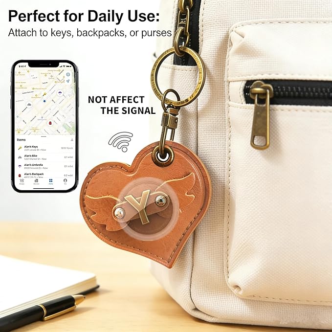 Initial Letter Leather Alphabet Keychain Holder Case Compatible with AirTag,Cute Protective Air Tag Cover with Bronze Keyring,Anti-Scratch Finder GPS Tracker Case for Pets Keys Wallet Luggage(Y)