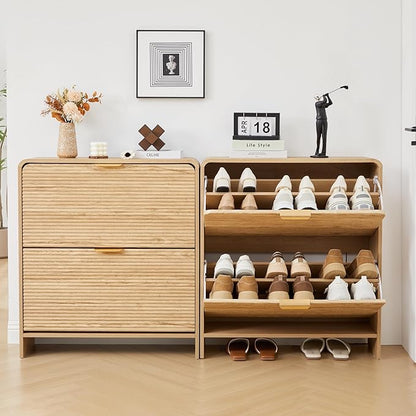 RARZOE Set of 2 Fluted Shoe Storage Cabinets for Entryway, Narrow Curved Shoe Cabinet with 2 Flip Drawers, Wood Hidden Shoe Organizer Closed Shoe Rack Cabinet for Foyer,Hallway (29.5''Natural)