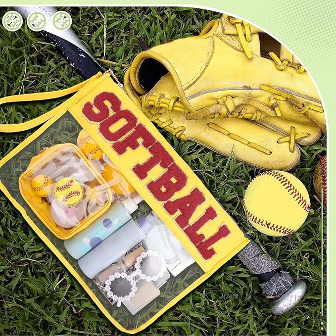 2 Pcs Softball Gifts Makeup Bag with Chenille Letter Patch,with Handles Softball PVC Waterproof Clear Makeup Bag,Portable Toiletry Storage Bag,Players & Fans Birthday, Team or Sports Lover Presents