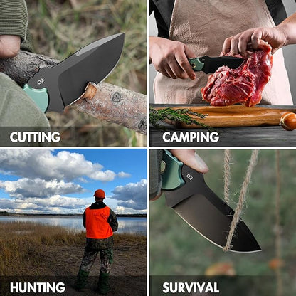 FLISSA Fixed Blade Knife, 7 Inch Full Tang Hunting Knife with Kydex Sheath and Emergency Rope for Tactical, Survival, Camping, Hiking(Green)