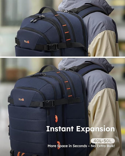 Tolaccea Carry on Travel Backpack, TSA Friendly Flight Approved Laptop Backpack Duffle Bag for Men Women with Dual Laptop Storage for 17.3", Expandable Business Rucksack 40L-50L Large - Blue
