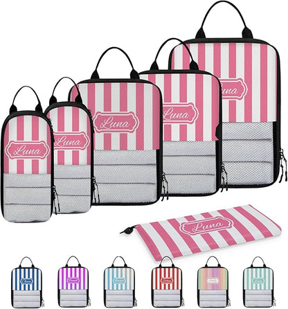 Custom 6 Set Compression Packing Cubes with Name Personalized Compressible Expandable Packing Organizers Luggage Carry On Suitcase Bags Travel Accessories Gifts, Deep Pink Stripe