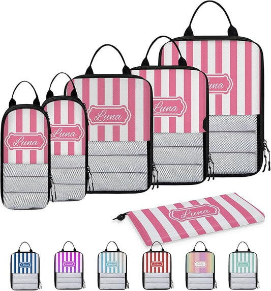 Custom 6 Set Compression Packing Cubes with Name Personalized Compressible Expandable Packing Organizers Luggage Carry On Suitcase Bags Travel Accessories Gifts, Deep Pink Stripe