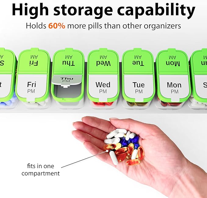 Extra Large Weekly Pill Organizer - XL Vitamin Holder with 7 Detachable AM PM Compartments - Portable Medicine Dispenser for Home and Travel, Big Supplement Container for Weekly or Daily Use, Green