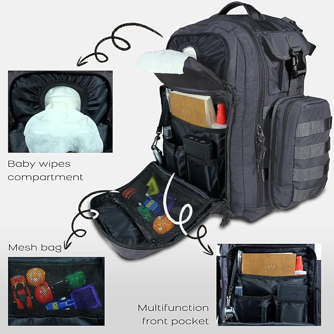 Dinictis Dad Diaper Bag, Mens Diaper Bag Backpack with Diaper Changing Mat, Military Diaper Backpack with Molle Webbing, Waterproof Pouch, Baby Wipes pocket, Insulated Bottle Pockets- Dark Grey