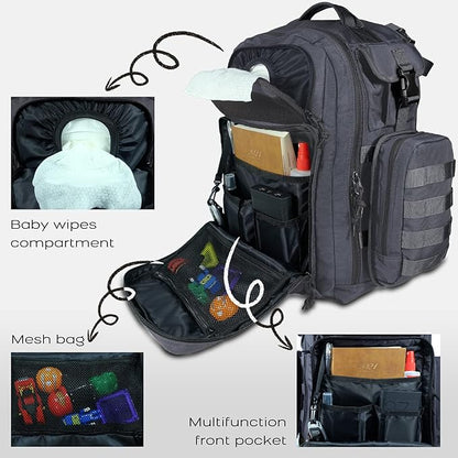 Dinictis Dad Diaper Bag, Mens Diaper Bag Backpack with Diaper Changing Mat, Military Diaper Backpack with Molle Webbing, Waterproof Pouch, Baby Wipes pocket, Insulated Bottle Pockets- Dark Grey