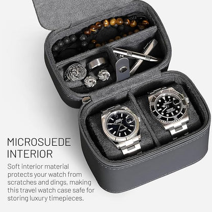 ROTHWELL 2 Watch Travel Case Storage Organizer for 2 Watches | Watch Case for Men and Women | Tough Portable Protection w/Zipper Fits All Wristwatches & Smart Watches Up to 50mm (Carbon)