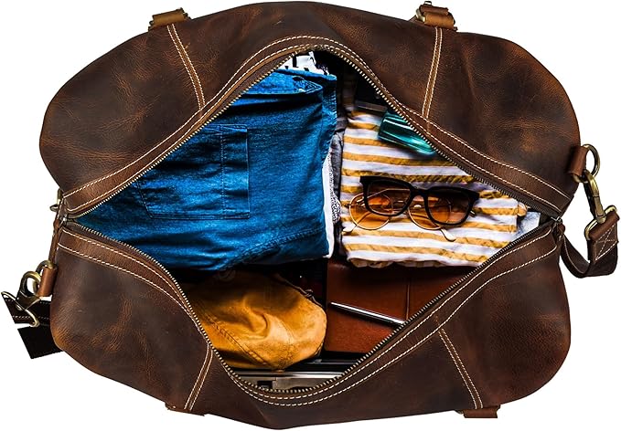 KomalC Leather Duffle Bags for Men and Women Travel Overnight Weekend sports bag holdall Gym Duffel for Men (Dark Tan, 20 Inch)