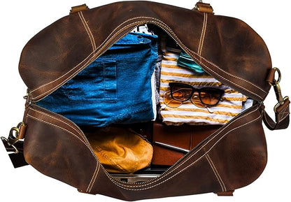 KomalC Leather Duffle Bags for Men and Women Travel Overnight Weekend sports bag holdall Gym Duffel for Men (Dark Tan, 20 Inch)