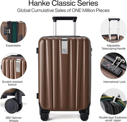 Hanke Expandable Hard Shell Luggage Sets 2 piece Carry on Luggage with Wheels Suitcases Lightweight Checked TSA Luggage Rolling Large Suitcase Travel Luggage Bag Woman Men 20/29 Inch(Brown)