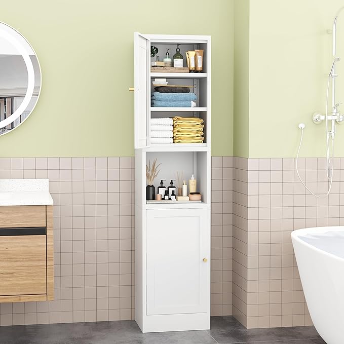Tall Narrow Storage Cabinet - 67" Slim Bathroom Organizer with 3 Adjustable Shelves, 2 Doors (Left/Right Opening),Metal Floor Cabinet for Small Spaces, Bathroom & Kitchen (Metal, White)