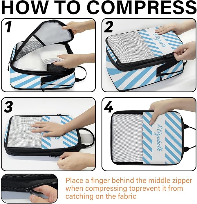 Custom 6 Set Compression Packing Cubes with Name Striped Personalized Compressible Expandable Packing Organizers Luggage Carry On Suitcase Bags Travel Accessories Gifts, Light Blue