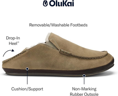OLUKAI Moloa Slipper, Men's Premium Leather Slip-On Shoes, Soft Genuine Shearling Lining & Gel Insert, Drop-In Heel & All-Day Comfort