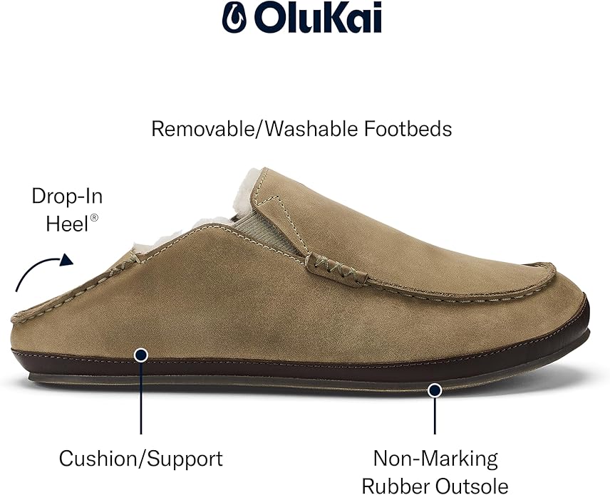 OLUKAI Moloa Slipper, Men's Premium Leather Slip-On Shoes, Soft Genuine Shearling Lining & Gel Insert, Drop-In Heel & All-Day Comfort