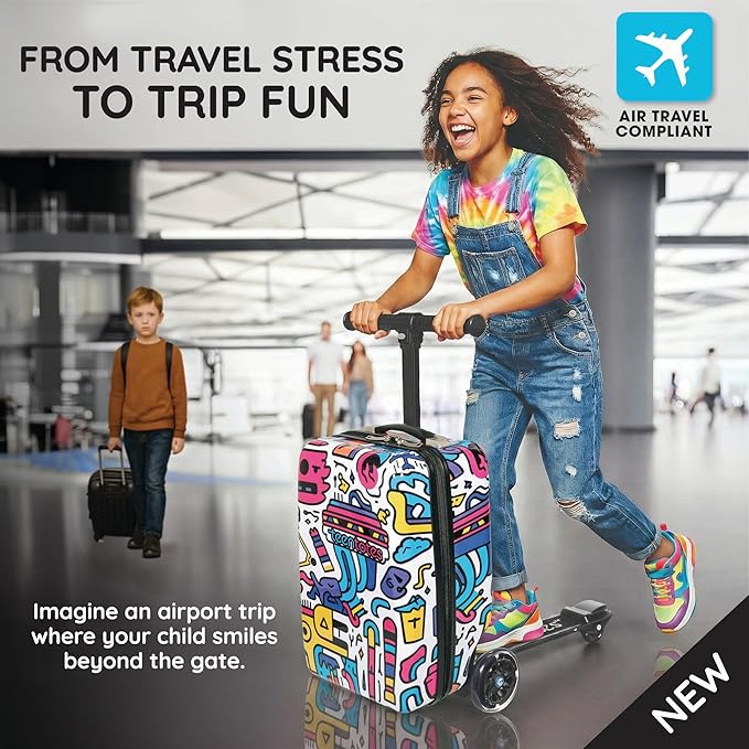 Teen Totes Detachable 4-in-1 Scooter Luggage for Kids – Ride-On Suitcase with Removable Luggage Body, Adjustable Handlebar, Durable Deck & Brake, Carry-On Size – Travel & Play
