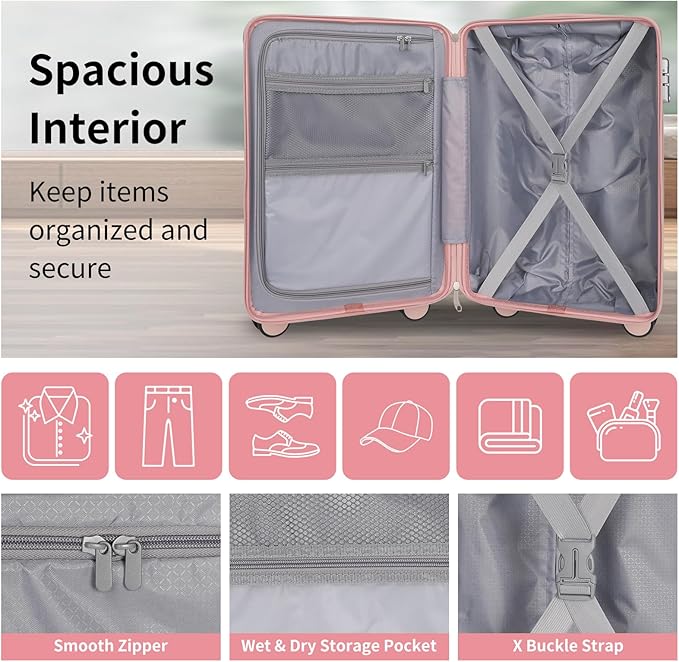 22x14x9 Airline Approved Vintage Style Carry On Luggage with Backpack Sets for Women, ABS+PC Hardshell Small 20 inch Retro Suitcase with Protective Cover & Tag (Pink, 20in/BP/TB)