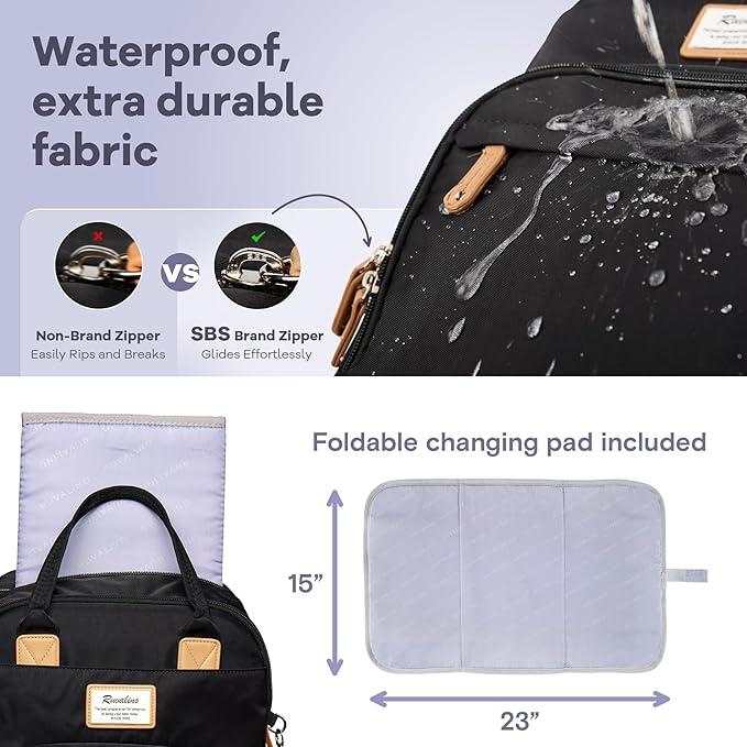 RUVALINO Diaper Bag Backpack-Expandable Baby Bag with up to 50% Capacity -Baby Essentials Bag with Changing Pad Insulated Bottle Holders & Pacifier Case, Waterproof, Black XL