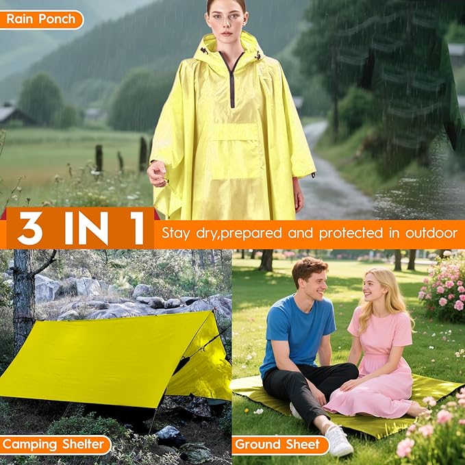 Bruvoalon 3-in-1 Rain Poncho with 1/4 Zip & Chest Pocket, Waterproof, Sunshade, Ground Mat for Adults & Youth Emergency