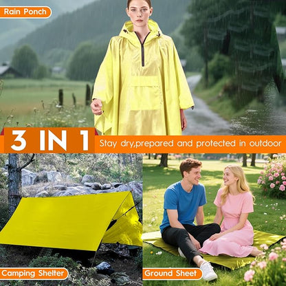 Bruvoalon 3-in-1 Rain Poncho with 1/4 Zip & Chest Pocket, Waterproof, Sunshade, Ground Mat for Adults & Youth Emergency