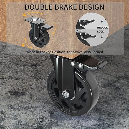 6 Inch Caster Wheels Heavy Duty Casters with Brake, Casters Set of 4 Loading 3000 Lbs, Locking Industrial Swivel Top Plate Casters Wheels for Furniture and Workbench Cart(Two Hardware Kits Included)