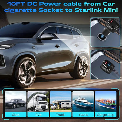 Starlink Mini Car Charger Cable, 3-in-1 Cigarette Lighter Power Adapter with Digital Display, USB C PD 36W & USB A QC 18W Ports, 12V-24V Waterproof 18AWG DC Cable for Trucks, Cars, RVs, Boats (10FT)