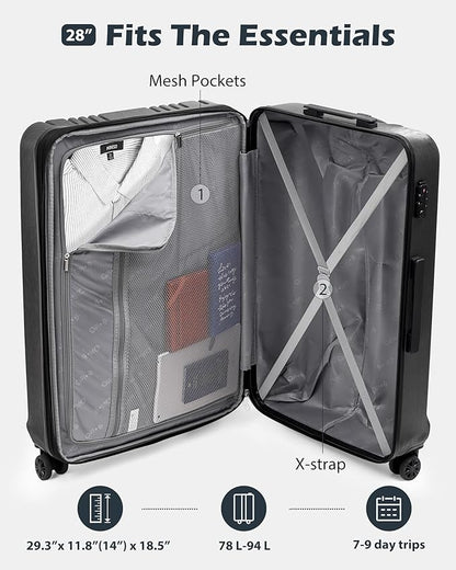 Coolife Luggage PC+ABS Expandable Hardshell Suitcase with TSA Lock, Spinner Checked Lightweight (grey, L(28IN))