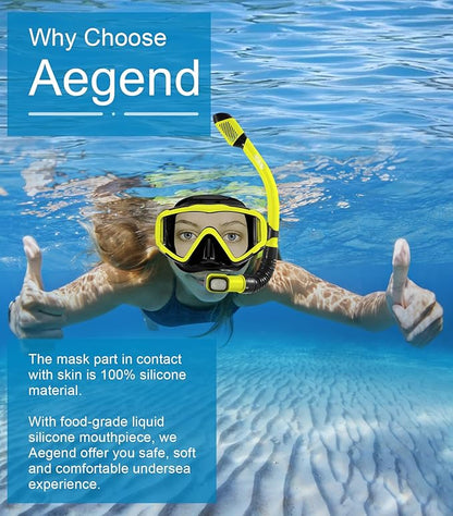 Aegend Snorkeling Gear for Adults Youth Kids, Dry Snorkel Set Panoramic View Enhanced Anti-Leak and Anti-Fog Technology, Adjustable Strap for Snorkeling Scuba Diving Swimming with Mesh Bag