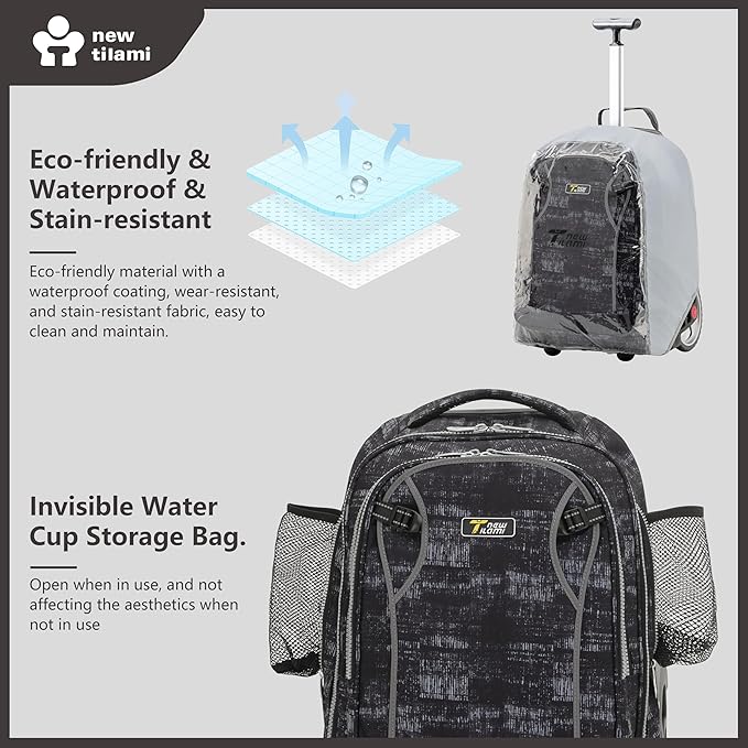 NEW TILAMI 20" Rolling Backpack for Teens Adults, Climbing Stairs Waterproof Backpack with Wheels for School Business Trave Camping with Laptop Compartment, Fit 17 Inch Laptop, Grey Mosaic