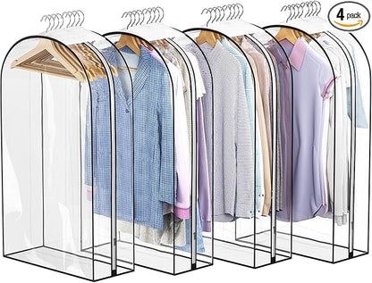 Clear Garment Bags for Hanging Clothes 10” Gusseted, Suit Bags for Closet Storage, Hanging Plastic Clothes Cover for Coat, Dress, Fur, Shirt, 4 Pack, 40” Long