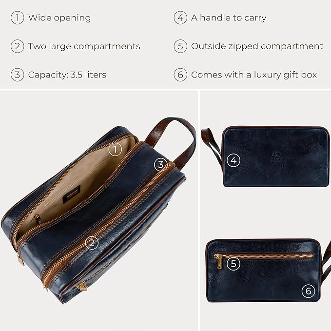 Time Resistance Leather Cosmetic Bag Toiletry Italian Classy Dopp Kit