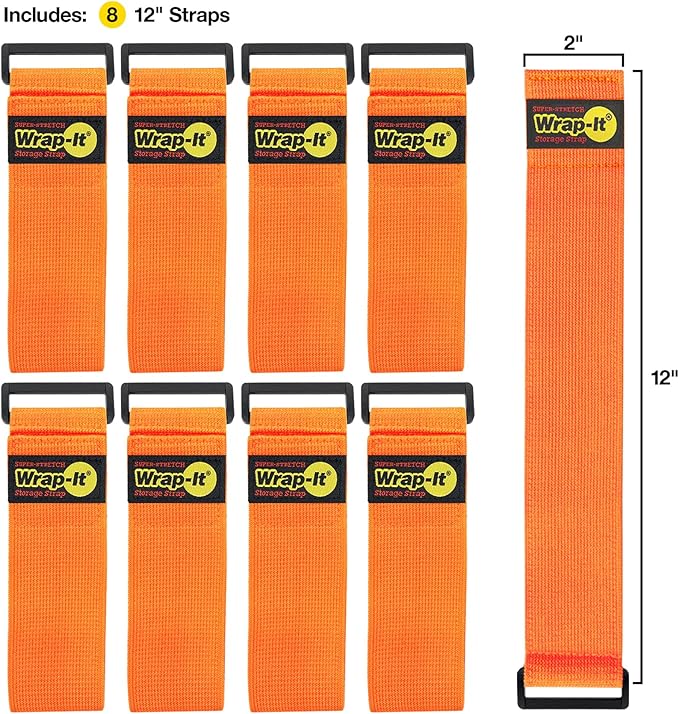 Super-Stretch Wrap-It Storage Straps - 12" (8-Pack) Orange - Elastic Hook and Loop Cinch Straps Extension Cord Organizer Hose and Cables Wraps