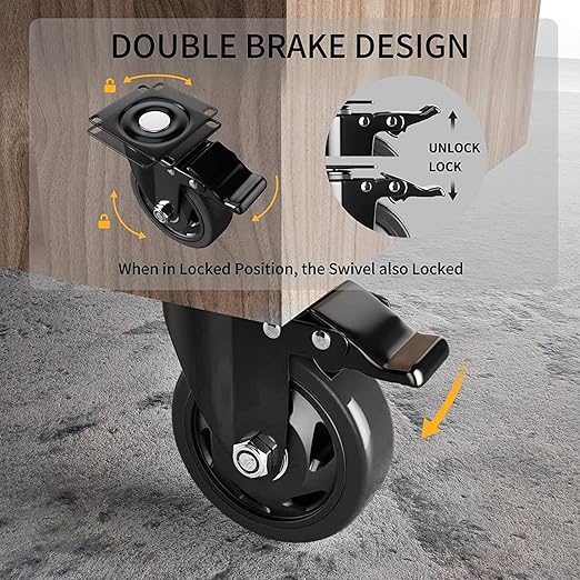 5 Inch Swivel Caster Wheels, Set of 4 Heavy Duty, Locking Industrial Casters with Brake, Black, Stainless Steel, Polyurethane, Double Safety Brakes and 360 Swivel for Maximum Flexibility