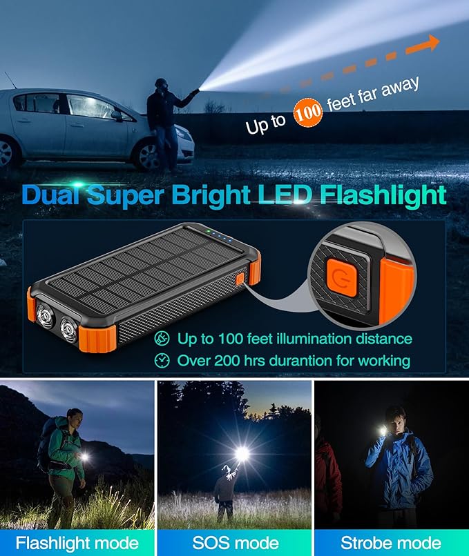 LATIMERIA 45800mAh Solar Charger Power Bank, Portable Phone Charger with 5V3.1A QC 3.0 Fast Charging, Solar Panel USB C in/Output for Cellphone, External Battery Pack with Dual Flashlights for Hiking